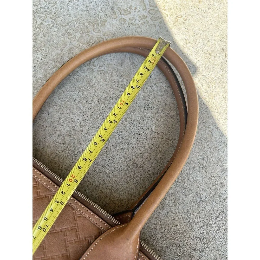 Tumi Tote Bag Tan Embossed Leather Purple Nylon Monogram Travel‎ Work Bag